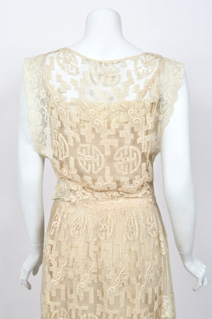 1920's French Cream Heavily Embroidered Deco Motif Filet Lace & Sheer Net Tea-Length Dress