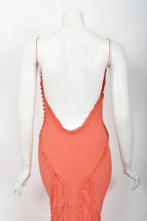 2008 John Galliano Coral Pink Silk Bias-Cut Scalloped Train Backless Gown