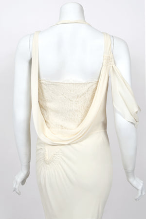 2005 John Galliano Ivory Sheer Silk Chiffon & Chantilly Lace Draped Halter Bias-Cut Gown