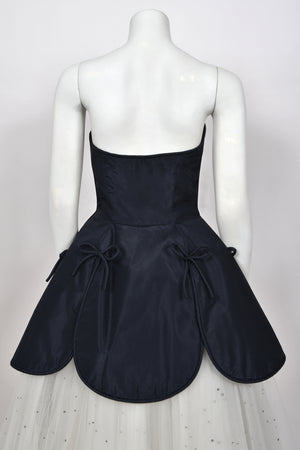 1950’s Edith Small Navy Silk & Rhinestone White Tulle Strapless 'Petal' Dress w/ Shawl