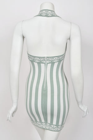 1992 Azzedine Alaia Runway Mint & Ivory Striped Stretch Knit Halter Bodycon Mini Dress