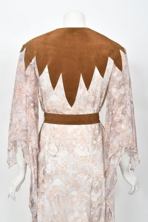 1971 Giorgio Sant' Angelo Watercolor Chiffon & Suede Angel-Sleeve Wrap Dress
