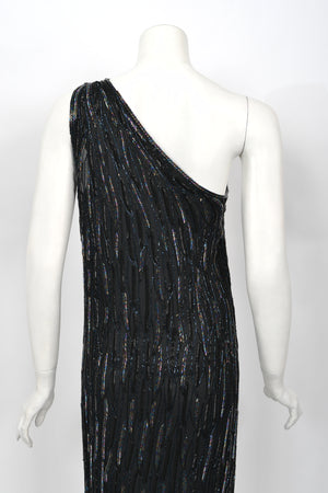 1970's Halston Couture Iridescent Beaded Black Silk One-Shoulder Dress