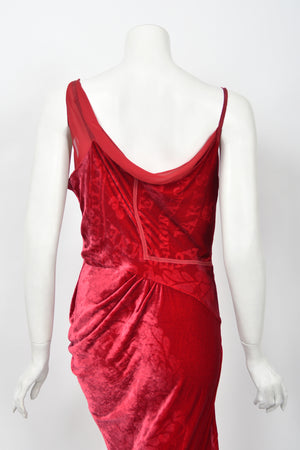 2006 Christian Dior by Galliano Ruby Red Velvet Asymmetric Draped Bias-Cut Gown