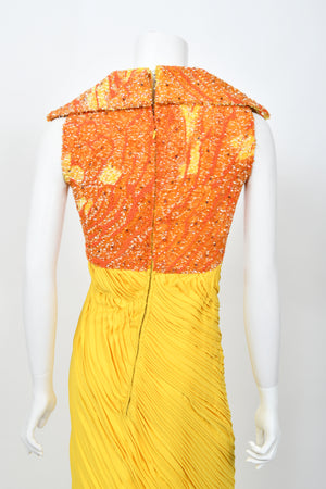 1968 La Mendola Heavily Pleated Yellow Silk-Jersey Beaded Glamour Gown