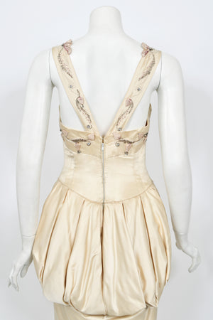 1950's Candlelight Satin Beaded Appliqué Skirted Hourglass Custom Couture Dress