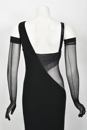 1998 Thierry Mugler Documented Runway Sheer Black Silk Asymmetric High-Slit Gown