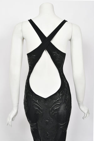 2002 Roberto Cavalli Black Leather Appliqué Sheer Mesh Low-Cut Hourglass Gown