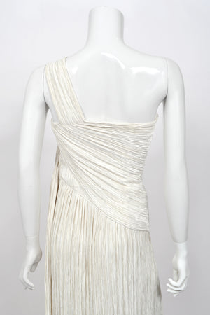 1983 Mary McFadden Ivory Heavily Pleated Asymmetric One-Shoulder Draped Goddess Gown