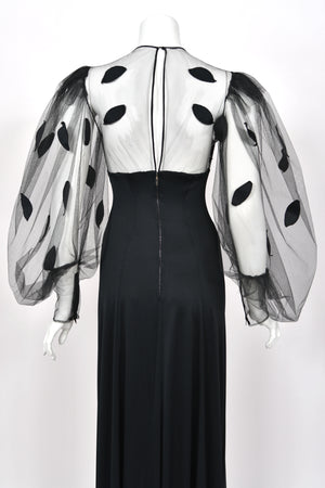 1979 Loris Azzaro Black Silk Jersey Sheer Illusion Petal Motif Billow-Sleeve Gown