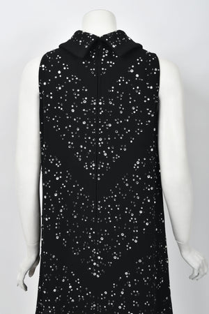 1960's Pauline Trigère Rhinestone Studded Black Wool Mod Trapeze Dress