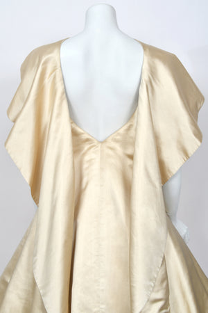 1950's Don Loper Couture Ivory Silk Satin Strapless Full-Skirted Dress w/ Detachable Cape