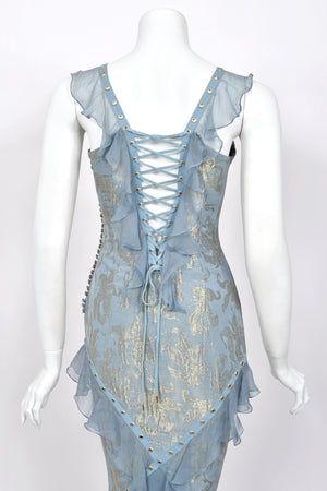 2003 Christian Dior by John Galliano Metallic Powder Blue Floral Silk Brocade Lace Up Bias-Cut Gown