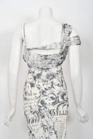 2006 John Galliano Documented Newspaper Print Silk Chiffon Bias-Cut Slip Dress