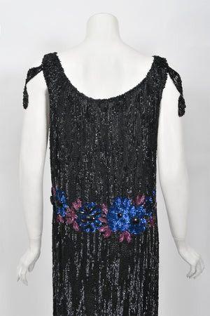 1920's Beaded Sequin Sheer-Net Butterfly Motif Asymmetric Flapper Dress