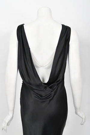 2004 Christian Dior by John Galliano Black Silk Backless Draped Pearls Bias-Cut Dress