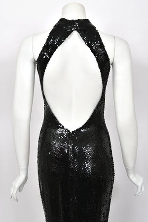 1973 Loris Azzaro Couture Black Fully Sequin Cut-Out Hourglass Mermaid Gown