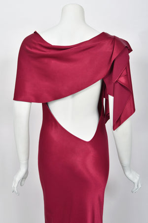 1999 John Galliano Maori Collection Wine Red Asymmetric High Slit Bias-Cut Gown