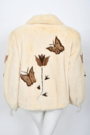 1980's Balenciaga Couture 'Butterflies & Flowers' Printed Mink Fur Bomber Jacket