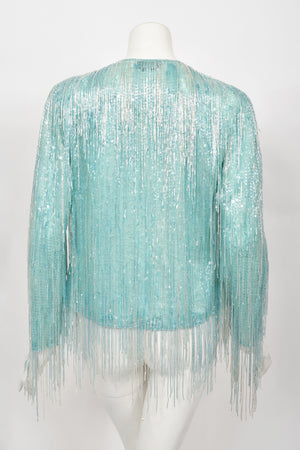 1970's Halston Couture Ice Blue Beaded Silk Fringe Disco Cardigan Jacket