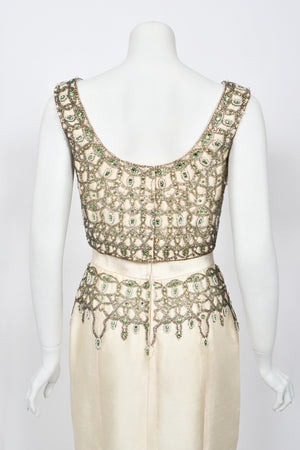 1960's British Crown Colony Beaded Rhinestone Ivory Silk Crop Top Column Gown