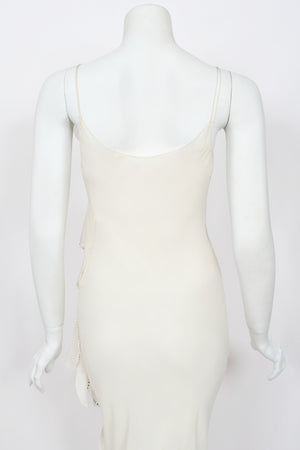 1990 Angelo Tarlazzi Paris Couture Ivory Silk Rhinestone Petals Bias-Cut Trained Gown