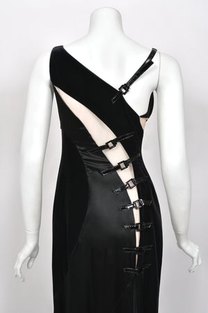 2004 Versace Runway Black Silk & Velvet Sheer-Illusion Buckle Trimmed High Slit Gown