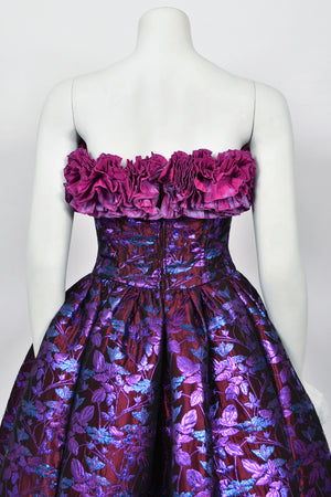 1989 Nina Ricci Haute Couture Metallic Fuchsia Silk Brocade Strapless Skirted Dress