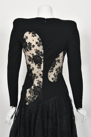 2010 Alexander McQueen Lifetime Black Crepe & Sheer Illusion Lace High-Low Gown
