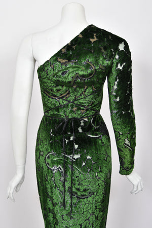 1990 Geoffrey Beene Couture 'Green Leaves' Sheer Devoré Velvet One-Sleeve Hourglass Gown