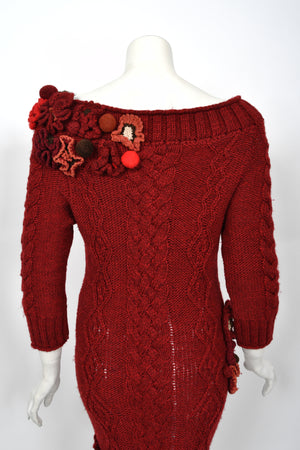 2005 Alexander McQueen Runway Burgundy Wool Knit Hourglass Sweater Dress