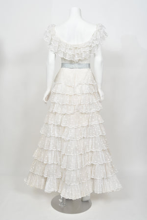 1975 Chanel Haute Couture White Dotted Organza Off-Shoulder Tiered Ruffle Gown
