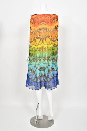 2008 Alexander McQueen Documented Rainbow Butterfly Print Silk Belted Cape Dress