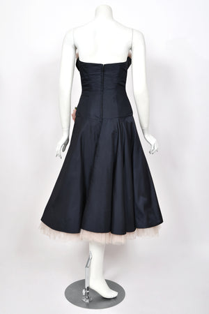 1950's Don Miguel of California Navy Silk & Blush Pink Tulle Ruffle Shelf-Bust Strapless Dress