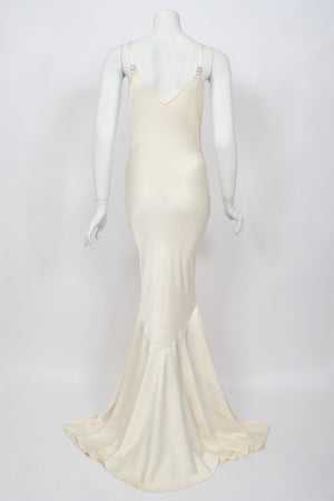 2004 John Galliano Ivory Satin Crystal Accented Bias-Cut Trained Bridal Gown
