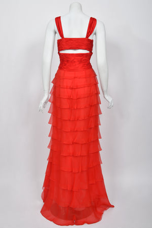 2005 Valentino Runway Iconic Red Ruched Silk Cut-Out Tiered Ruffle Gown