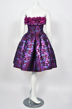 1989 Nina Ricci Haute Couture Metallic Fuchsia Silk Brocade Strapless Skirted Dress