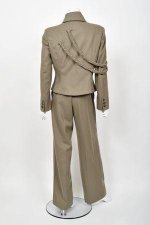 2001 Alexander McQueen Documented Runway Moss-Green Wool Braided Jacket Pantsuit