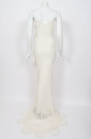 1990 Angelo Tarlazzi Paris Couture Ivory Silk Rhinestone Petals Bias-Cut Trained Gown