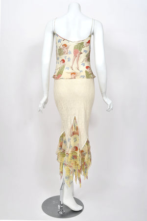 2004 John Galliano 'Cherubs & Flappers' Whimsical Print Silk Camisole & Cashmere Knit Bias-Cut Skirt Set