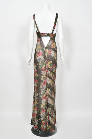 1930's Colorful Metallic Floral Motif Lamé Cut Out Back Hourglass Bias-Cut Gown
