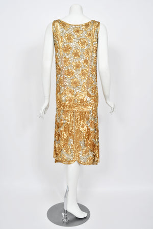 1920's French Couture Metallic Gold Beaded Sequin Cotton-Net Flapper Dress