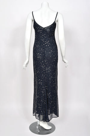 1998 Moschino Runway Navy Blue Sheer Silk Chiffon Star Motif Rhinestone Maxi Slip Dress
