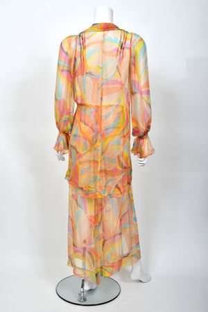 1967 Jean Muir Documented Psychedelic Op-Art Sheer Silk Tunic Mini Dress & Pants