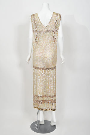1920's Iridescent Ivory & Gold Beaded Sequin Sheer-Net Tabard Flapper Dress