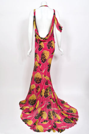 2005 John Galliano 'Renee Collection' Shocking Pink Large Scale Floral Silk Bias-Cut Trained Gown