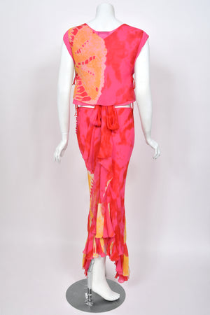 2003 Christian Dior by John Galliano Tie-Dye Pink Yellow Print Silk Cropped Blouse & Bias-Cut Skirt