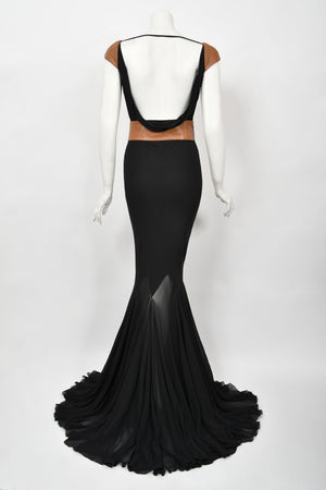 2001 Versace Couture Documented Runway Black Sheer Silk & Leather Bias-Cut Gown