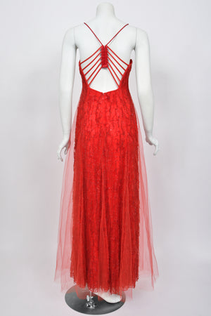 2001 Giorgio Armani 'Kate Moss for Vogue' Magazine Cover Fully-Beaded Ruby Red Silk Tulle Finale Gown