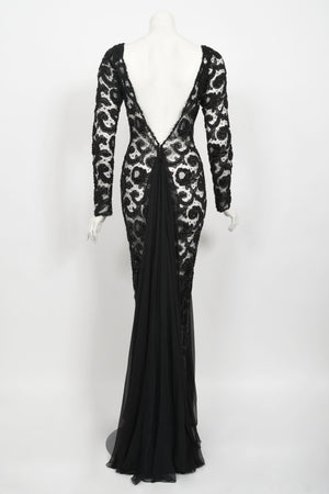 1998 Hanae Mori Haute Couture Beaded Sheer Lace & Chiffon Hourglass Gown